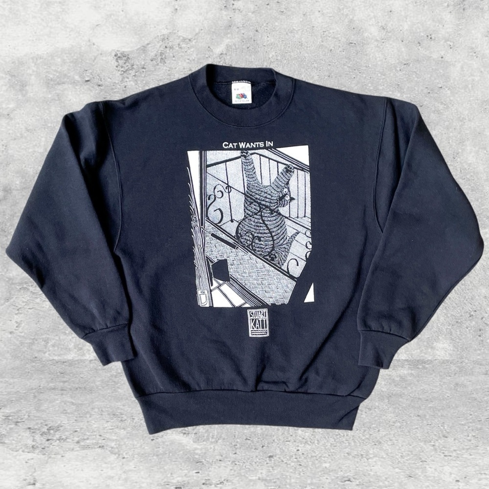 Vtg 90s Stuart Katt Cat Wants In Sweatshirt M Fruit of the Loom Kitsch